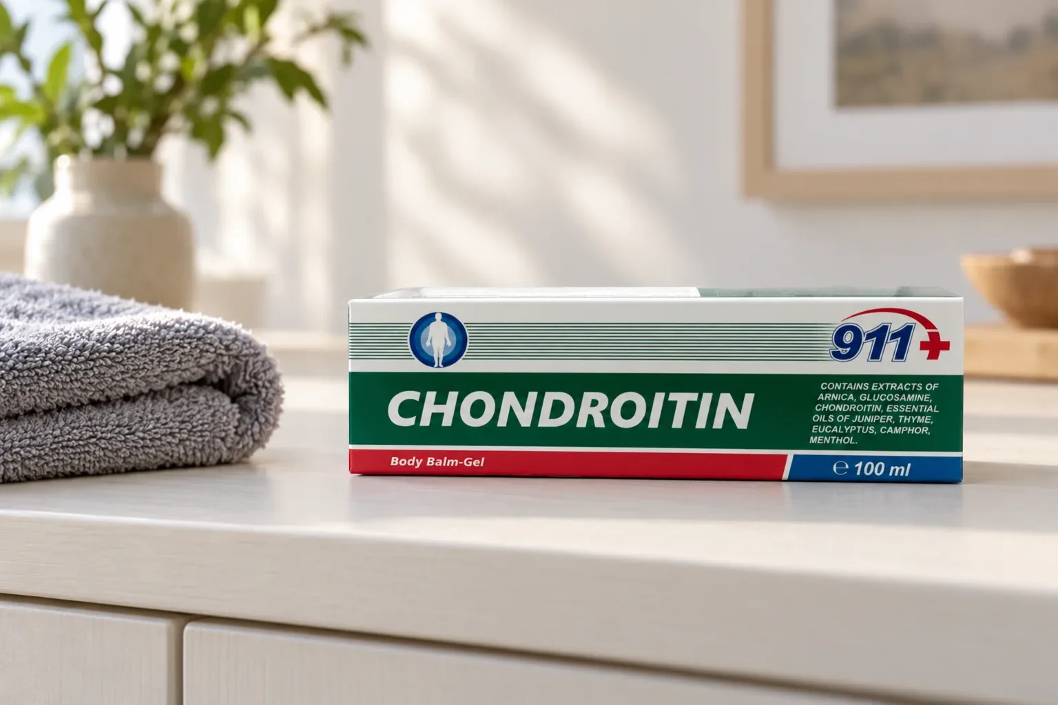 CHONDROITIN 911+ v uzavretom balení vedľa zloženého uteráka
