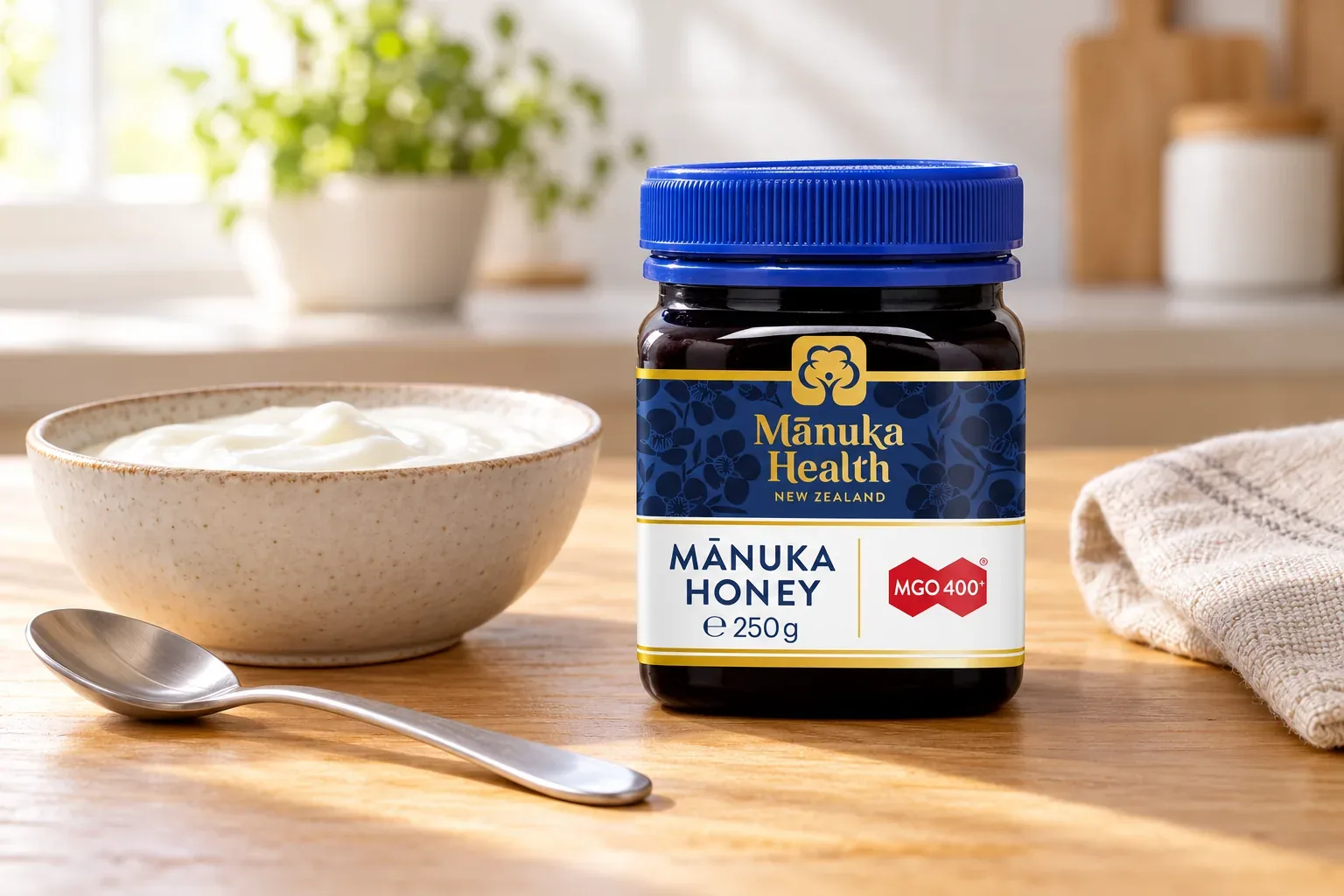 Uzavretý med Manuka Health MGO 400+ pri miske jogurtu a lyžičke na raňajkovom stole