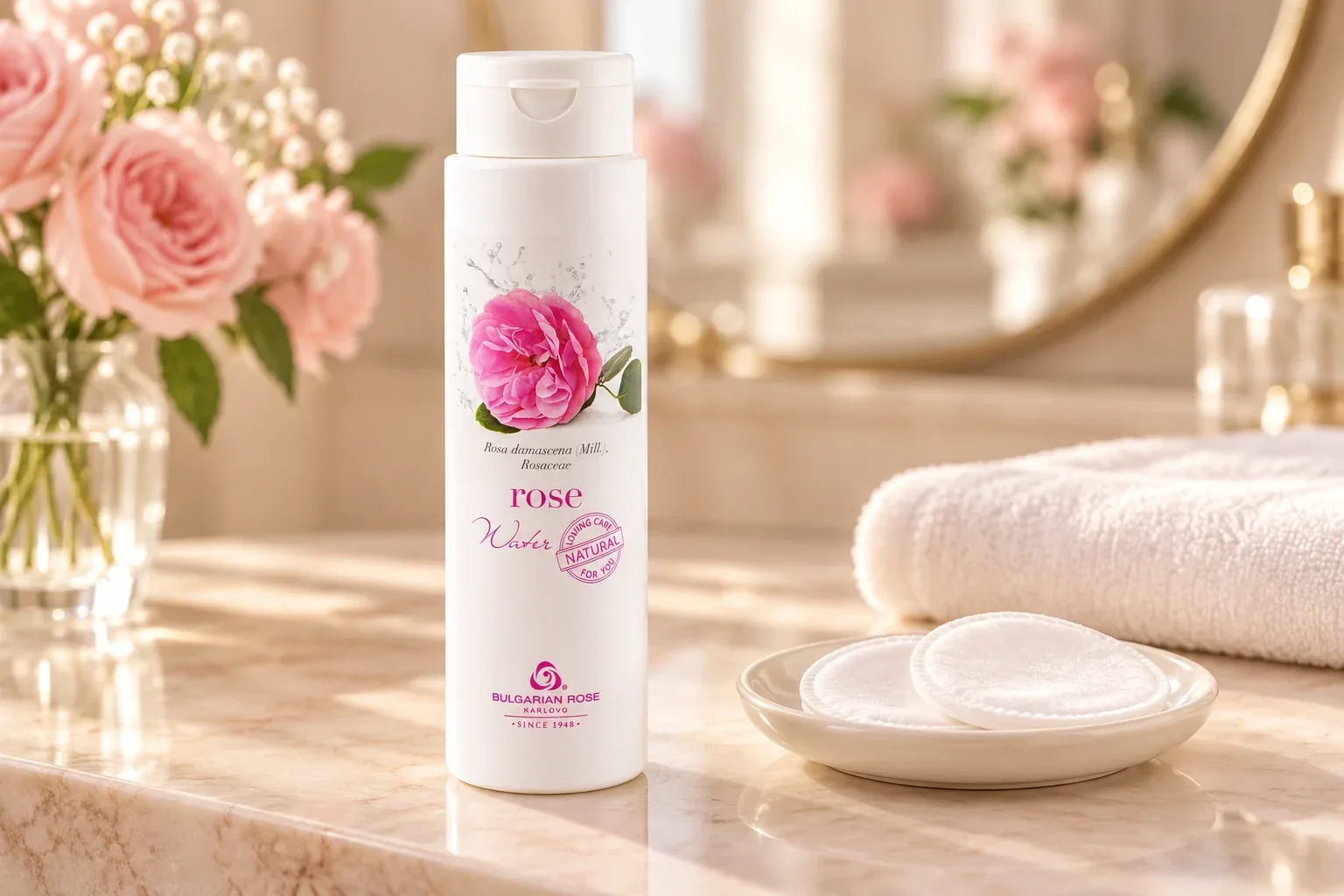 Ružová voda Bulgarian Rose Karlovo 250 ml pri kozmetických tampónoch a čistom uteráku