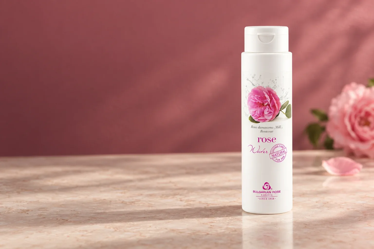 Prírodná ružová voda Bulgarian Rose Karlovo 250 ml v bielej fľaši s ružovou etiketou a viečkom