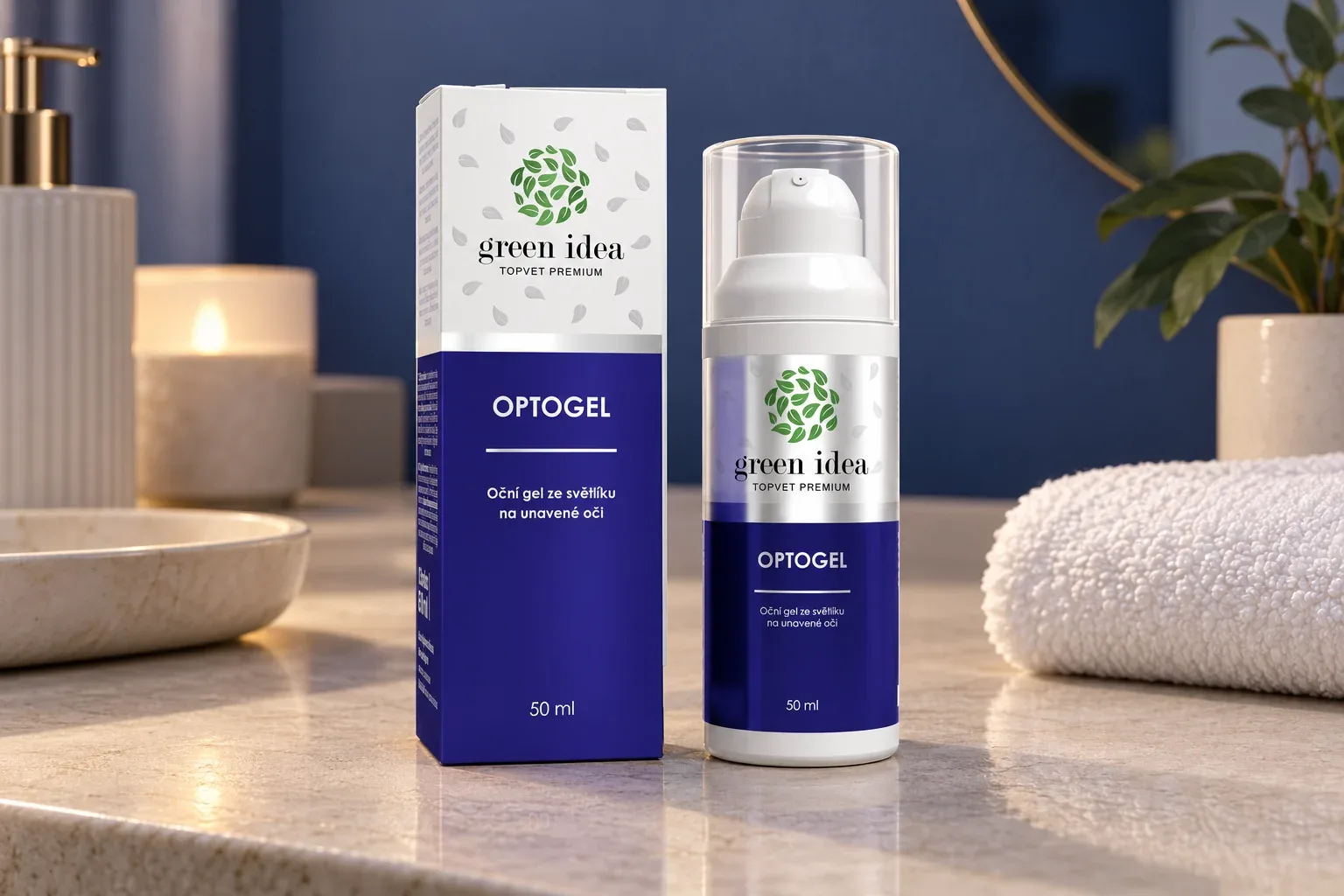OPTOGEL 50 ml s pôvodnou krabičkou pri čistom uteráku na kúpeľňovej ploche