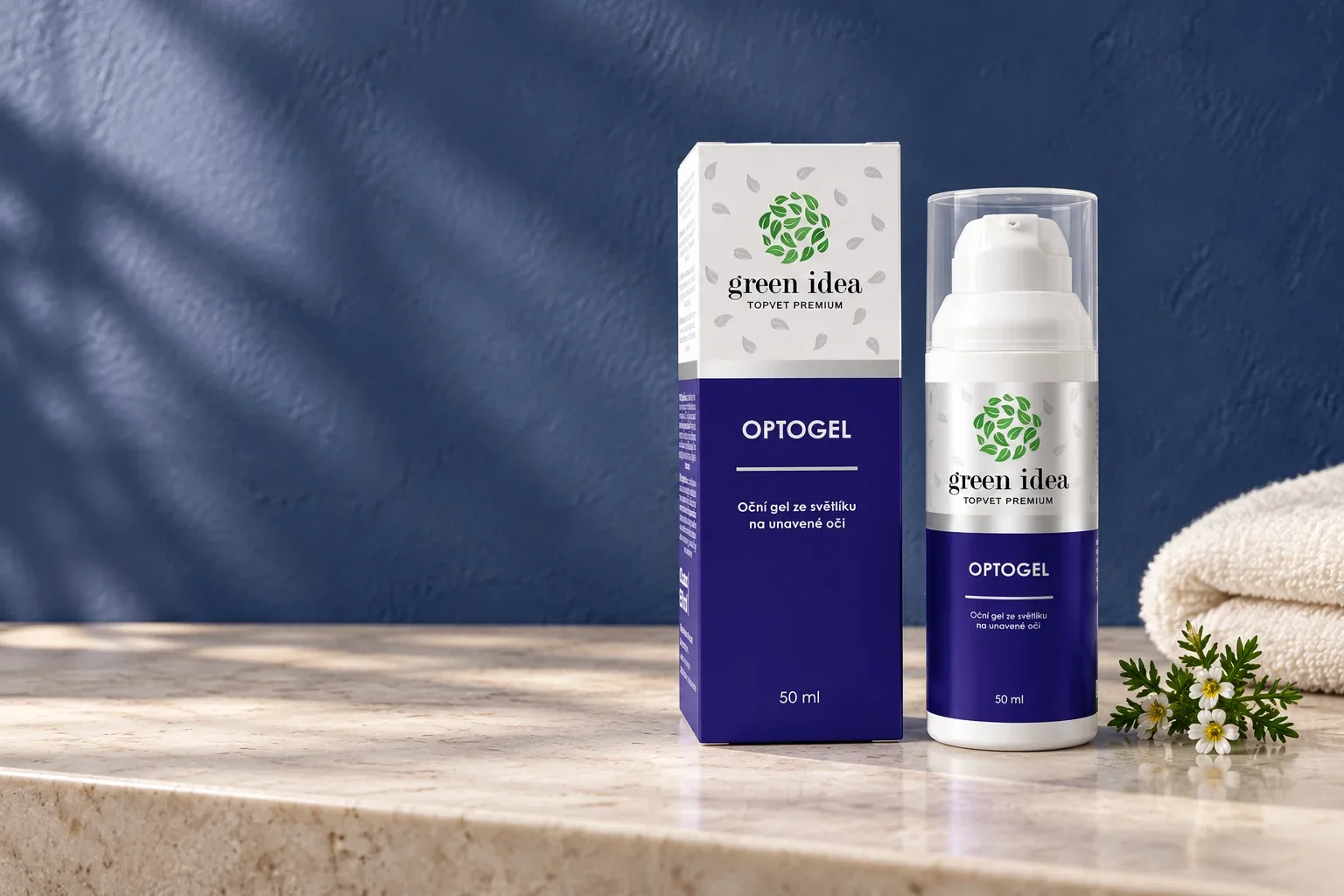 OPTOGEL Green idea 50 ml v pôvodnej fľaši s pumpičkou a priehľadným krytom vedľa krabičky