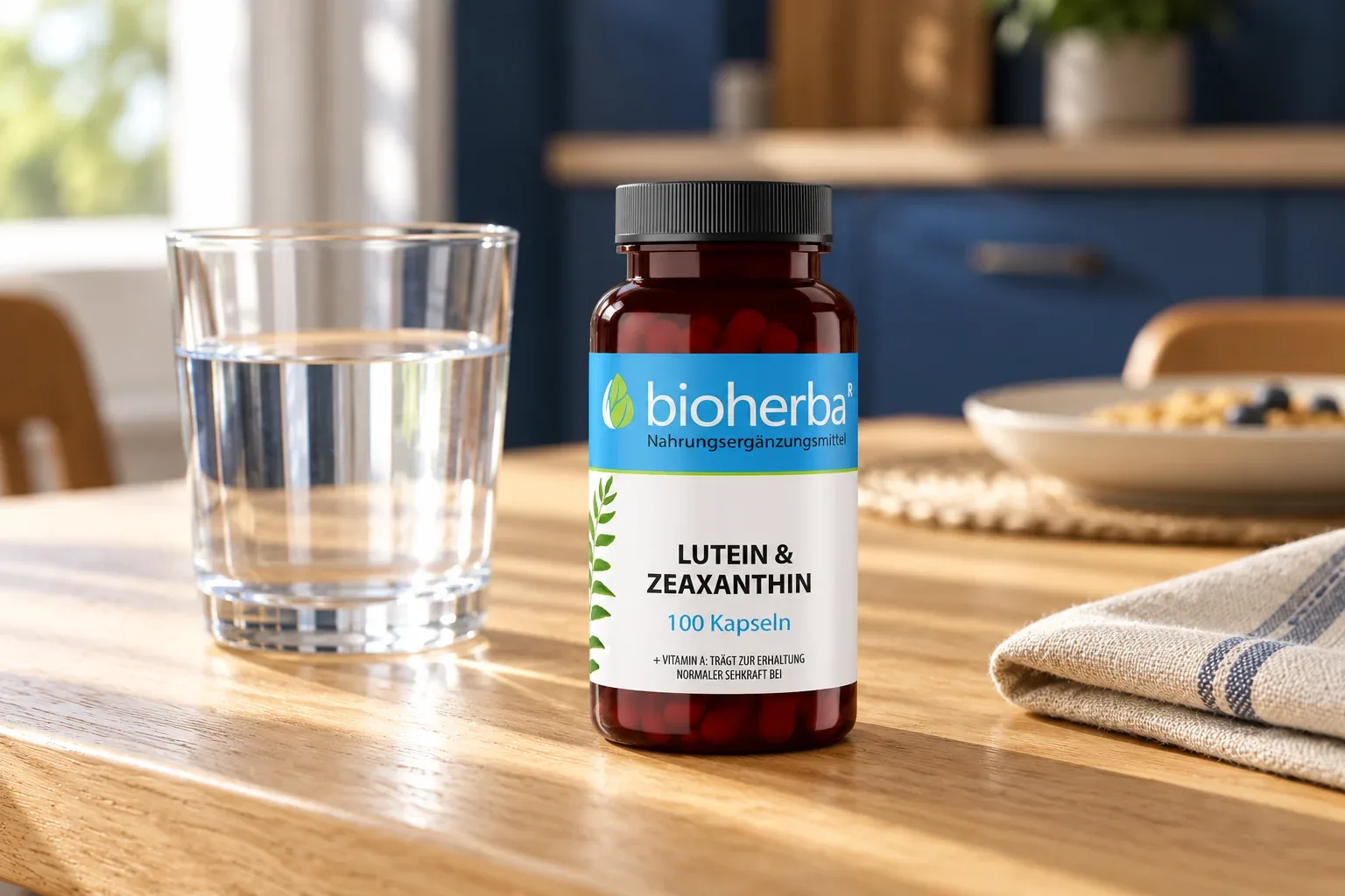 Uzavretý doplnok Luteín a zeaxantín Bioherba pripravený pri pohári vody