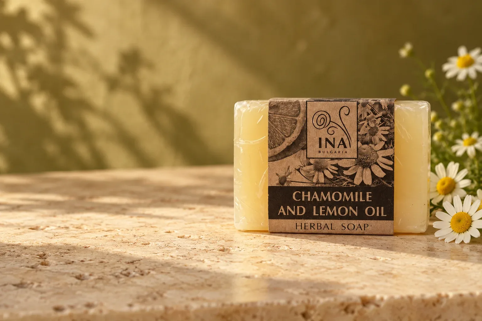 Pôvodne zabalené mydlo INA Bulgaria Chamomile and Lemon Oil s harmančekom na svetlom kamennom stole