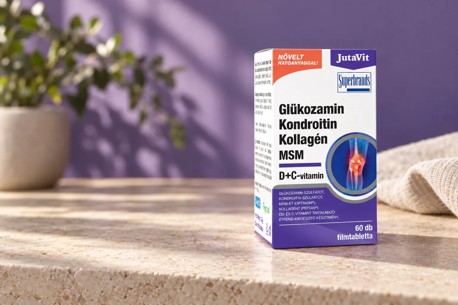 Pôvodná bielo-fialová škatuľka JutaVit Glukozamín Kondroitín Kollagén MSM s vitamínmi D a C