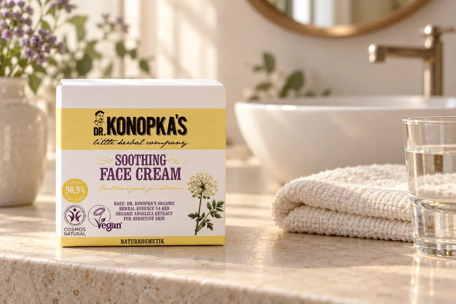 Upokojujúci krém Dr. Konopka’s v pôvodnom obale pri umývadle s čistým uterákom