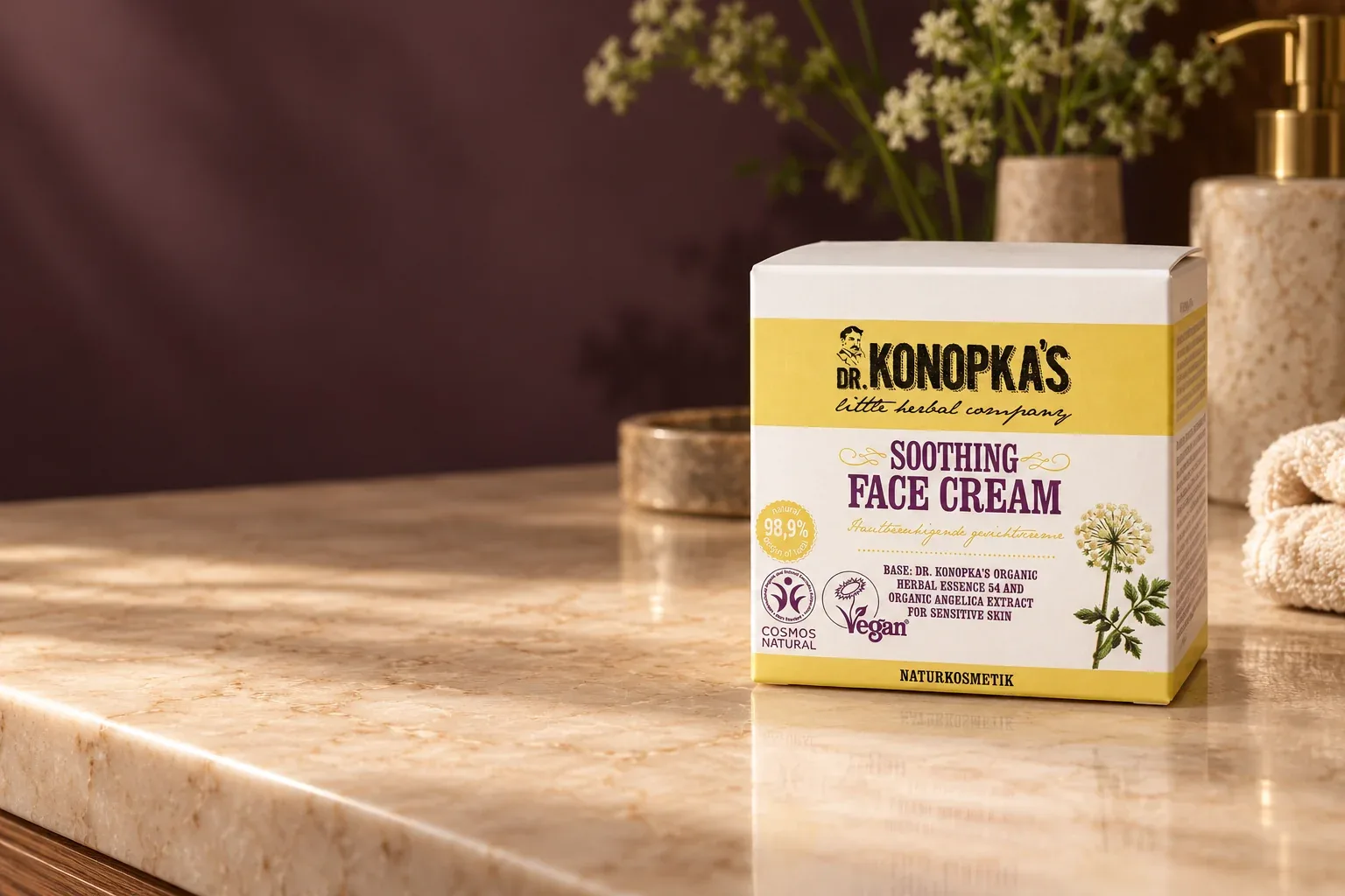 Pôvodné bielo-žlté balenie upokojujúceho pleťového krému Dr. Konopka’s Soothing Face Cream na kúpeľňovej doske