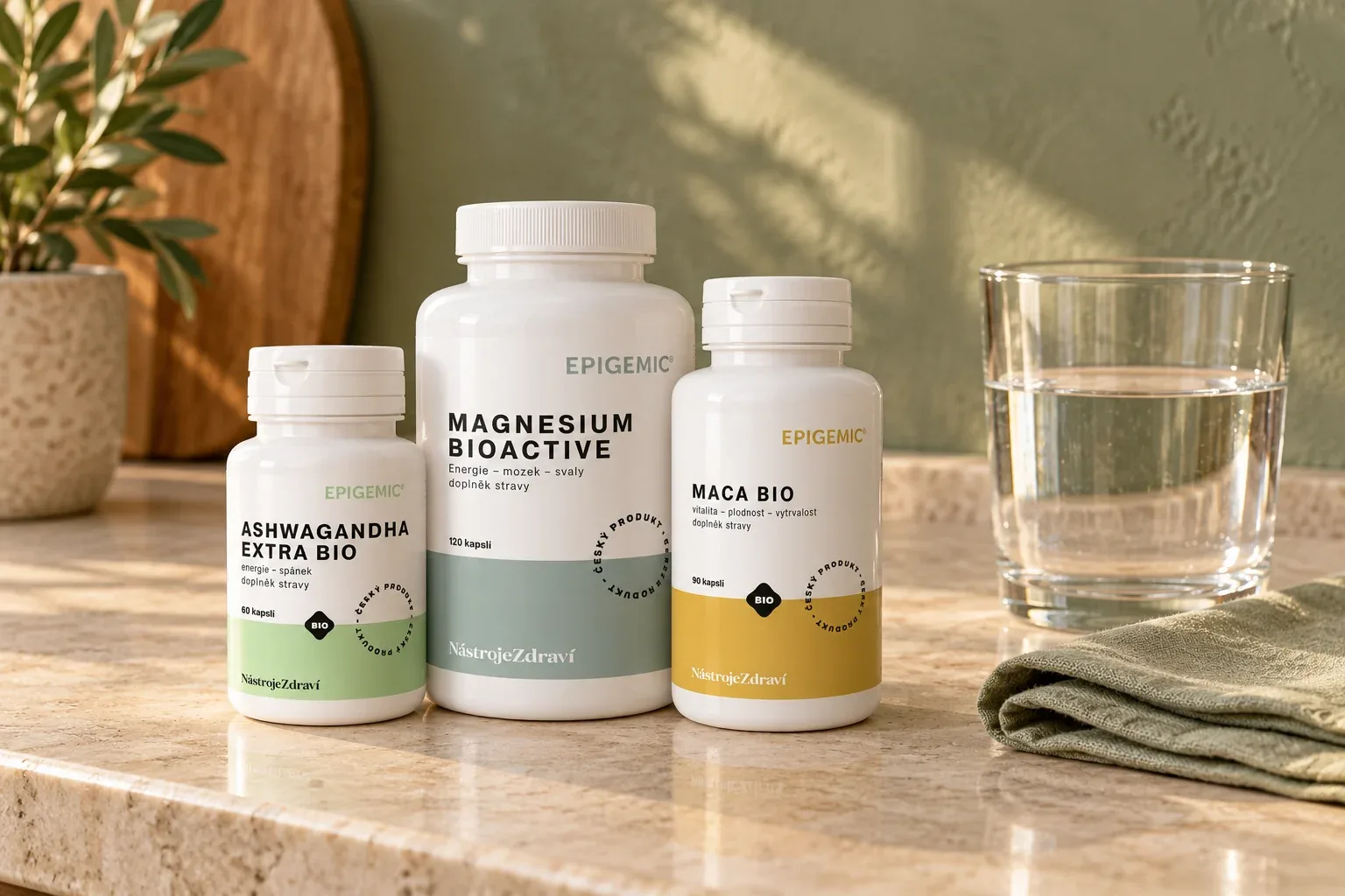 Uzavreté balenia Ashwagandha EXTRA BIO, Magnesium BioActive a Maca BIO pri pohári vody