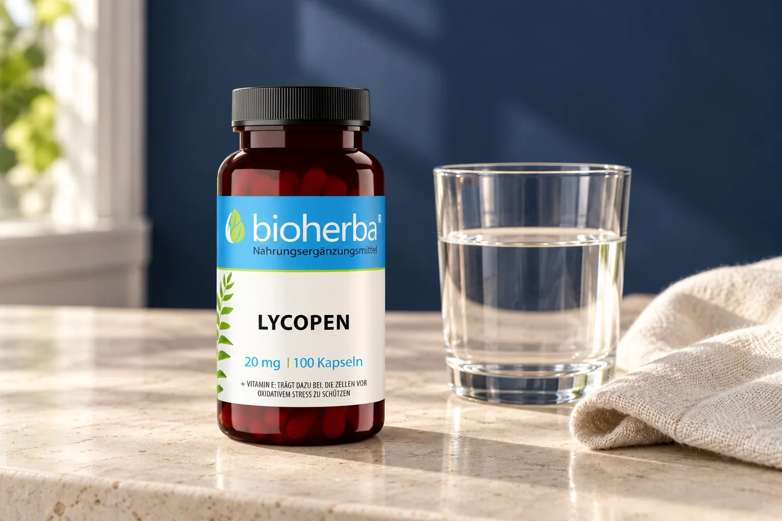 Lykopén Bioherba pri pohári čistej vody