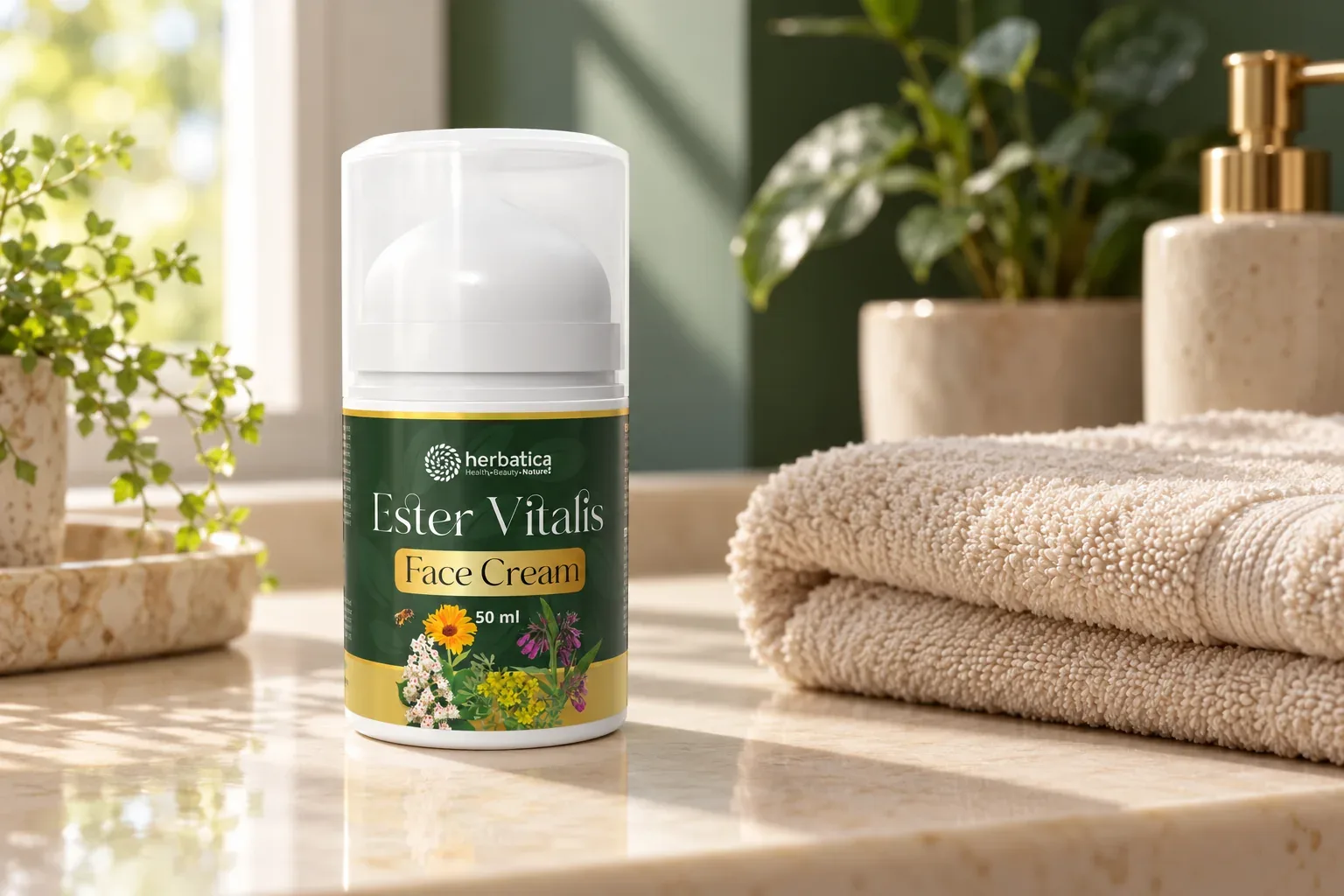 Ester Vitalis Face Cream na kúpeľňovej doske pri svetlom uteráku