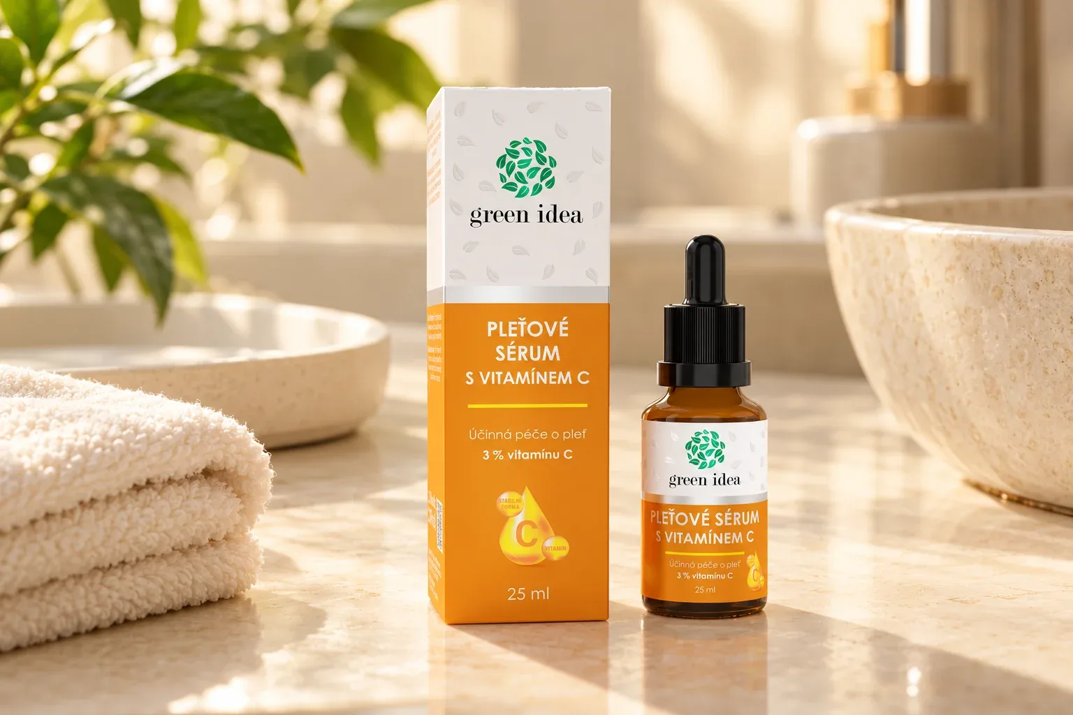Sérum Green idea s vitamínom C pri uteráku na kúpeľňovej doske