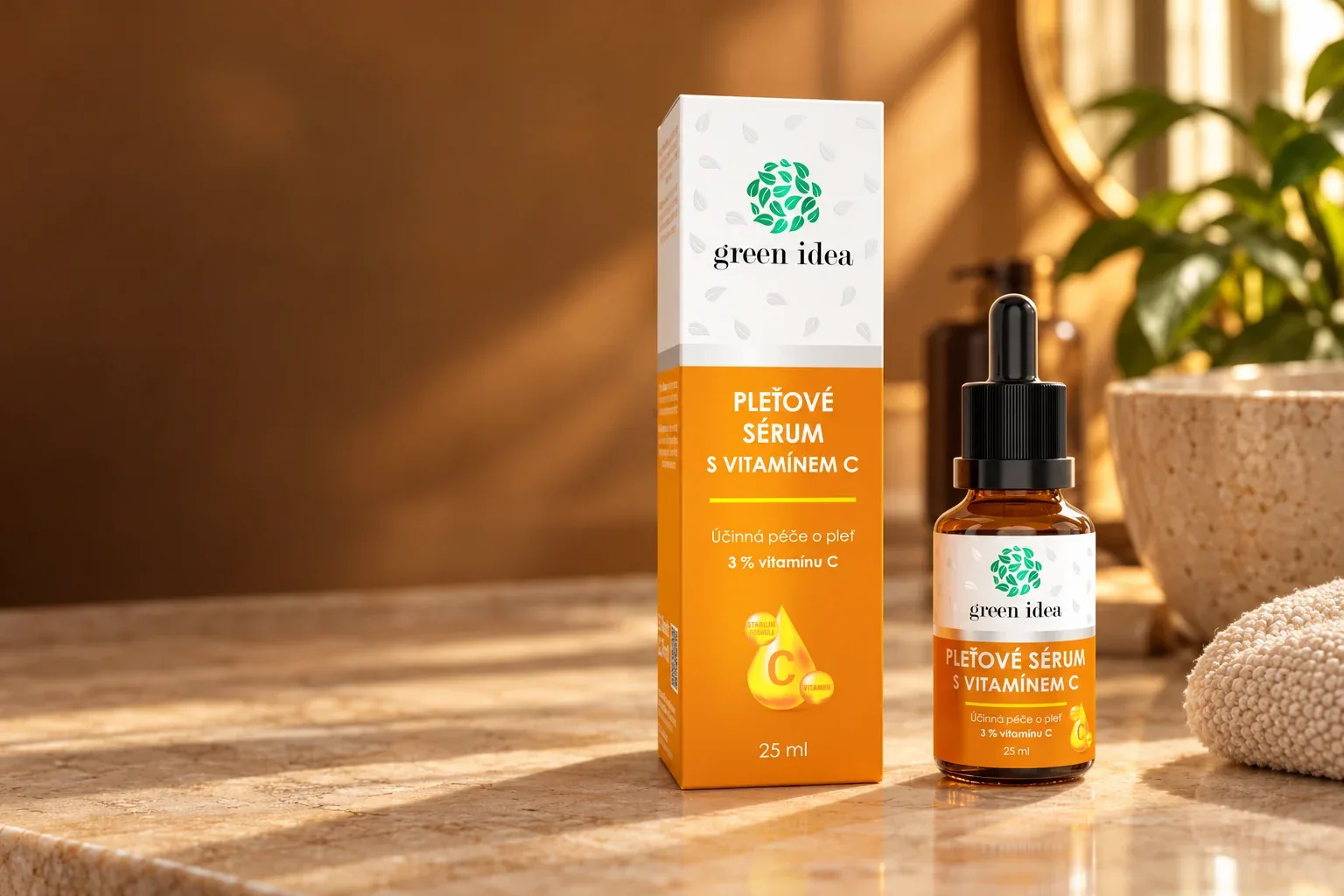 Pôvodné balenie pleťového séra Green idea s vitamínom C 25 ml, fľaštička a škatuľka