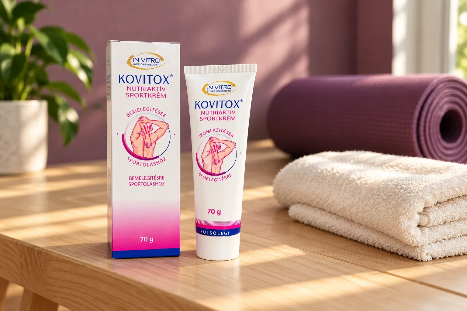 Uzavretý Kovitox 70 g vedľa uteráka a podložky na cvičenie