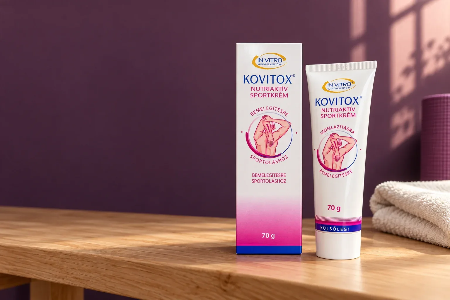 Originálna tuba a škatuľka Kovitox 70 g v bielo-ružovom obale na drevenej lavici