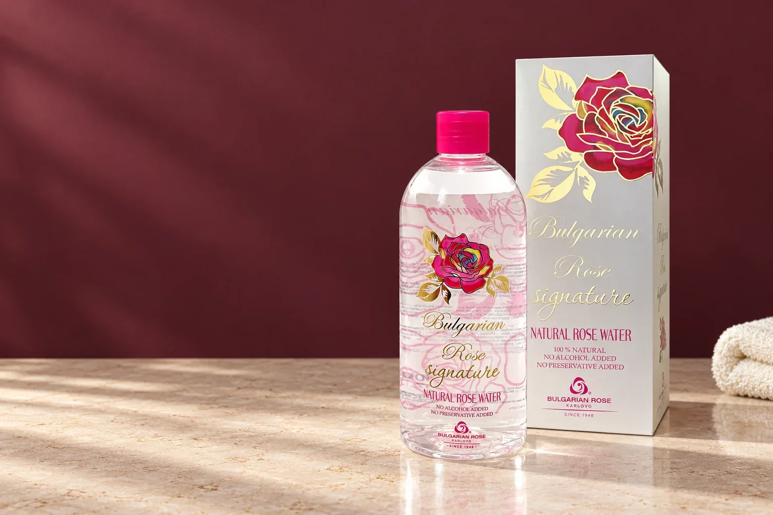 Originálna fľaša a škatuľka Bulgarian Rose Signature 500 ml s ružovým uzáverom a zlatou kresbou ruže