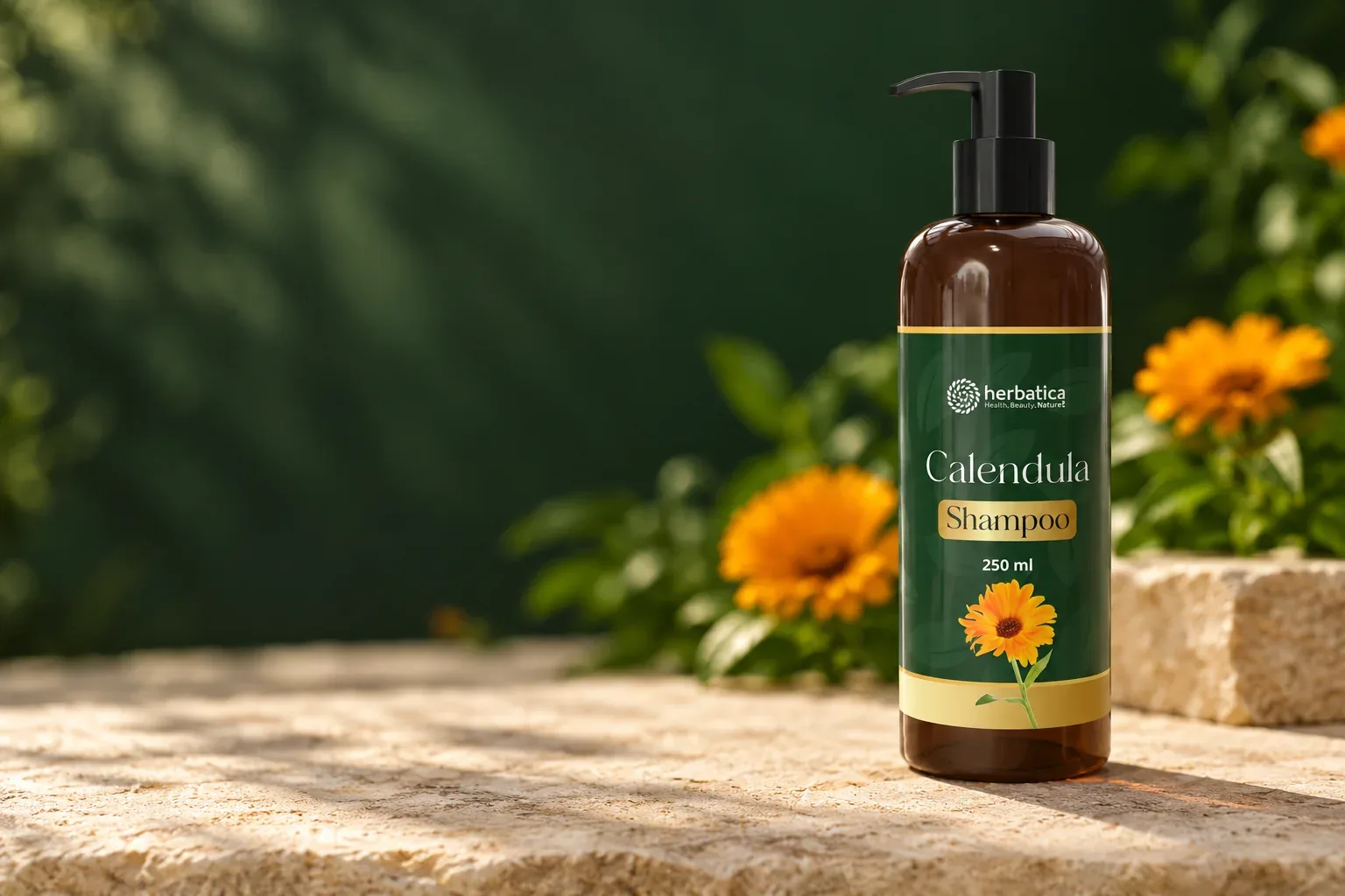 Calendula Shampoo Herbatica v hnedom balení s čiernou pumpičkou a nechtíkovou etiketou