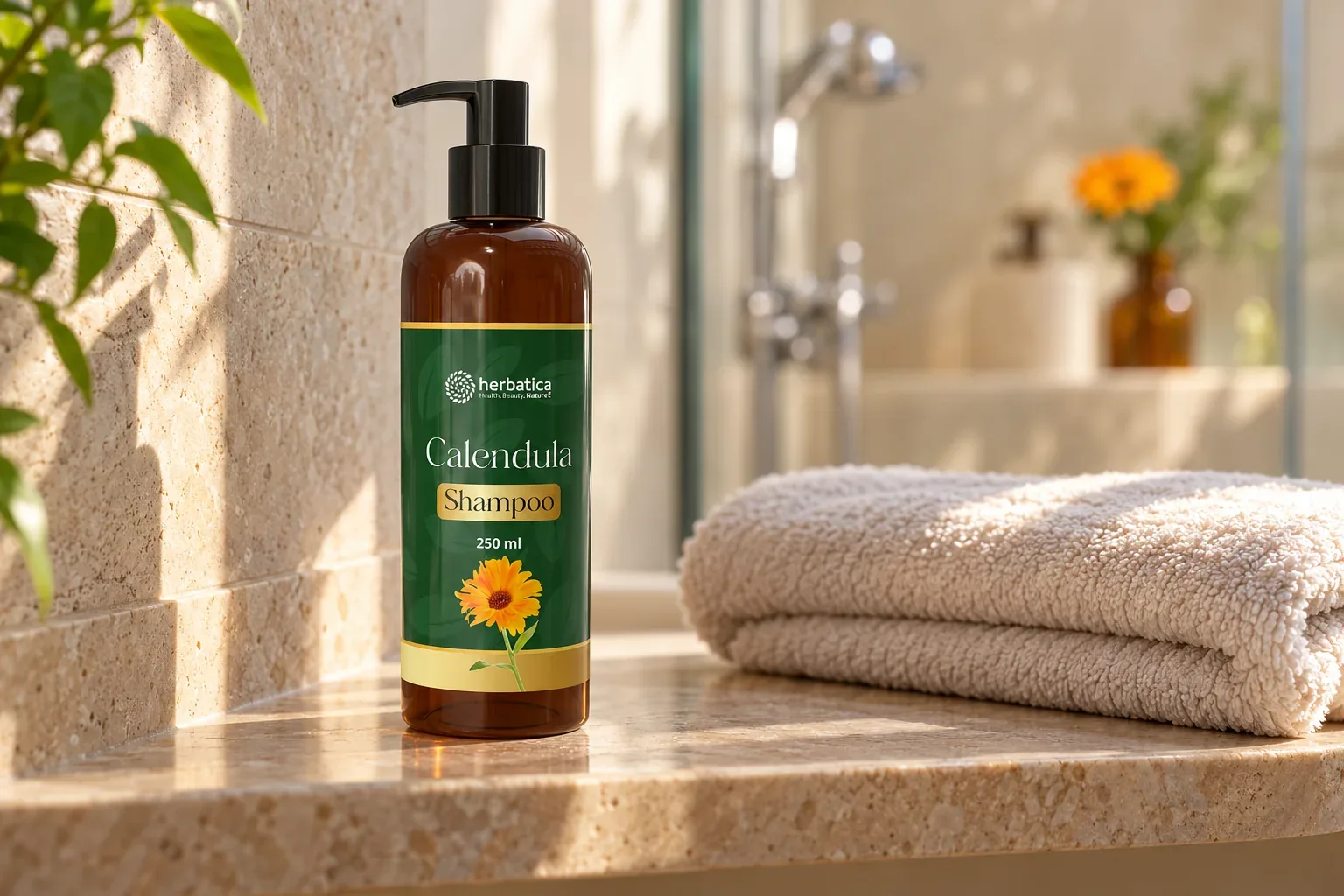 Nechtíkový šampón Calendula Shampoo Herbatica na kúpeľňovej poličke pri uteráku