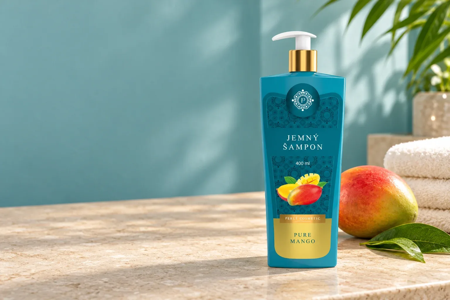 Jemný šampón Pure Mango v pôvodnej tyrkysovej fľaši s bielou pumpou a zlatým hrdlom