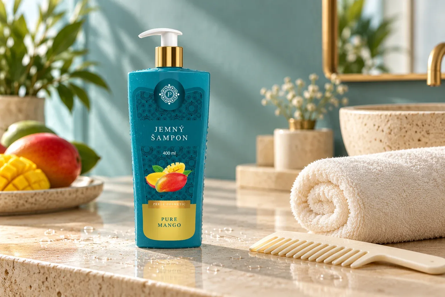 Pure Mango šampón na kúpeľňovom pulte pri uteráku a hrebeni