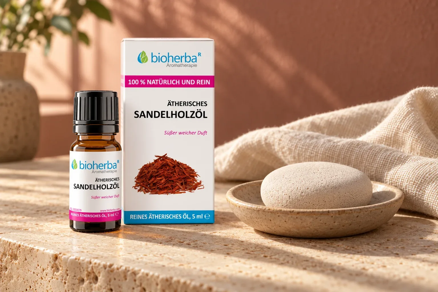 Santalový olej Bioherba so škatuľkou pri keramickom aromakameni a ľanovej látke