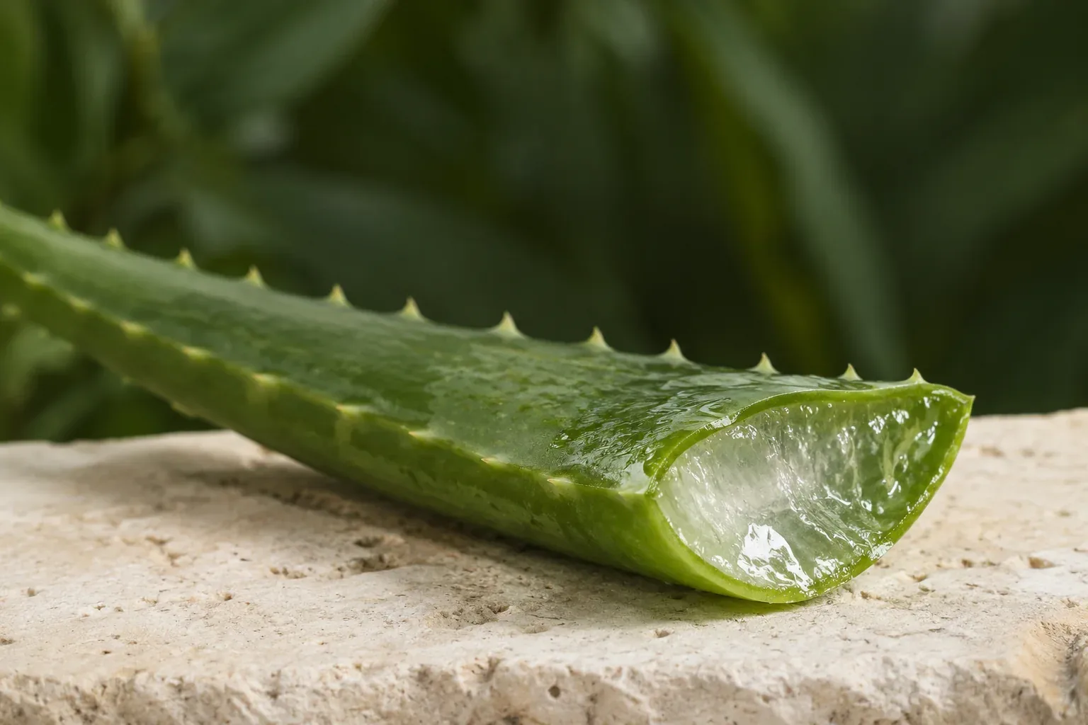 Ilustračný detail čerstvého listu aloe vera s priehľadným gélom na reze
