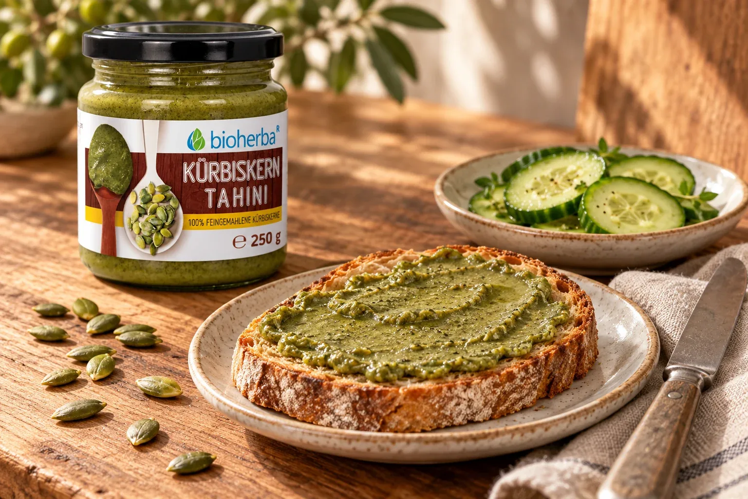 Bioherba tekvicové tahini pri krajci chleba s tekvicovou pastou a čerstvou uhorkou