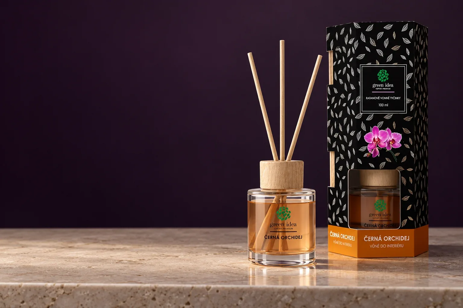 Originálny difuzér Čierna orchidea Green idea s ratanovými tyčinkami a čiernym balením