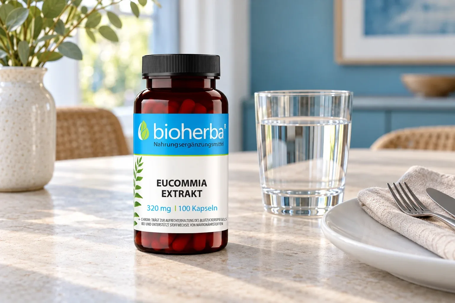 Eucommia extrakt Bioherba pri pohári vody a prestretom stole
