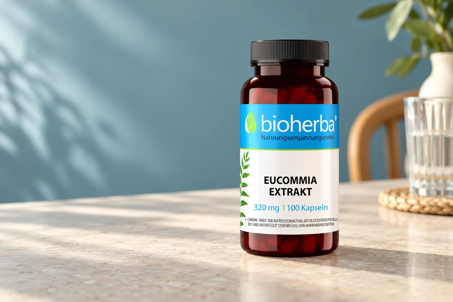 Originálna fľaštička Eucommia extrakt 320 mg Bioherba na súvislej svetlej kamennej ploche