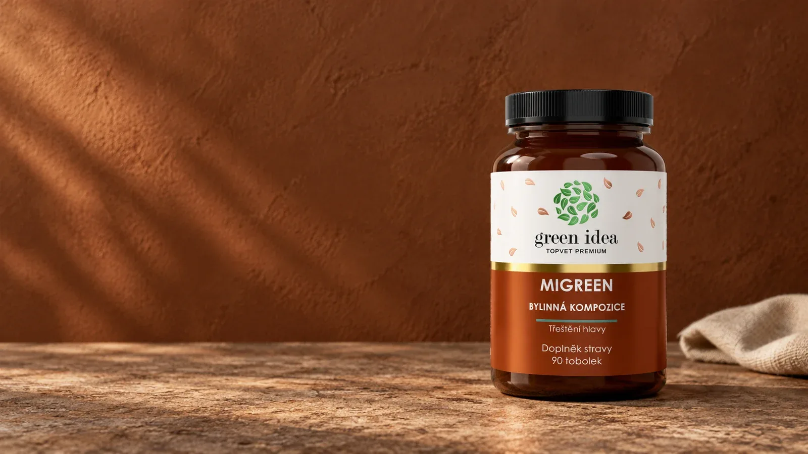 Uzavretá fľaštička Migreen Green idea s pôvodnou medenou etiketou