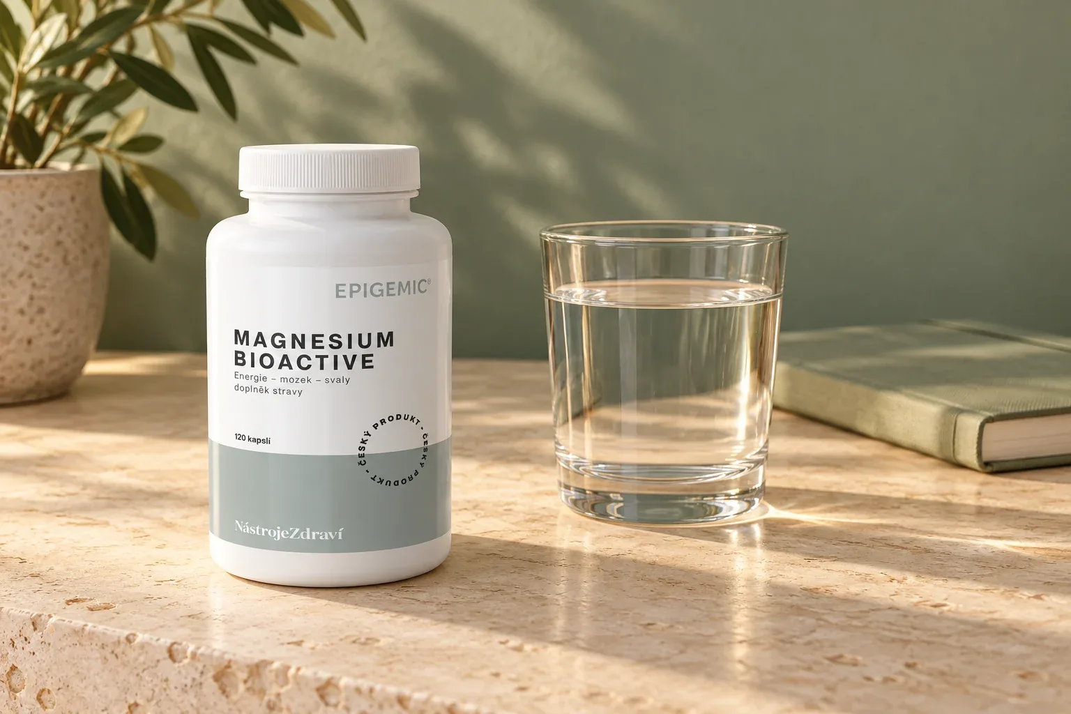 Magnesium BioActive Epigemic vedľa pohára vody v pokojnej každodennej rutine