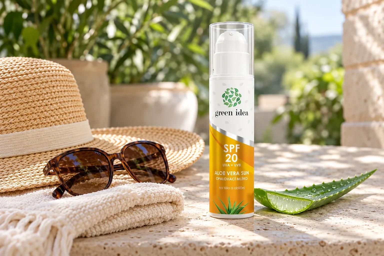 Mlieko Green idea SPF 20 pri klobúku, okuliaroch a uteráku pripravených na pobyt vonku