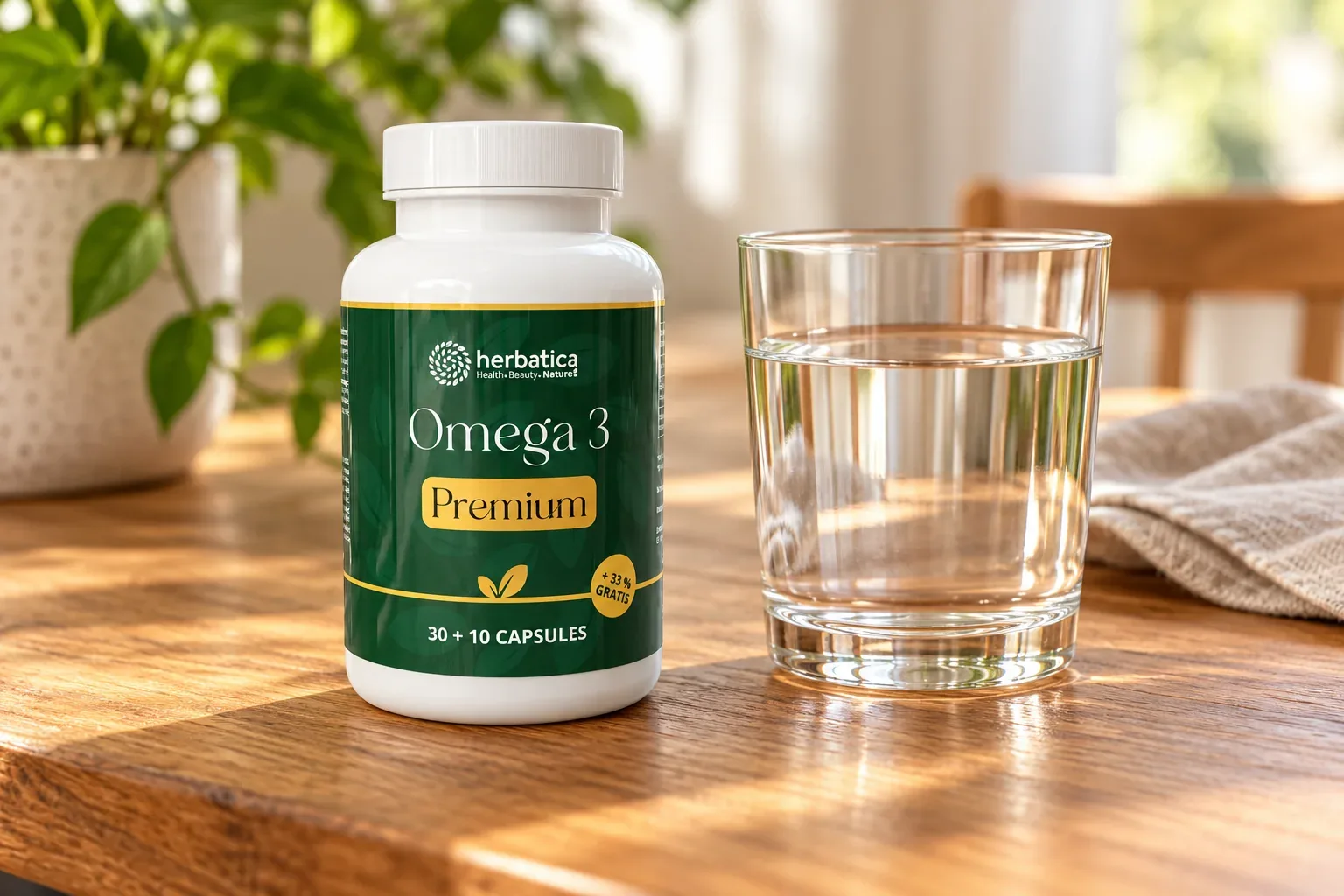 Omega 3 Premium Herbatica pri pohári vody na drevenom stole