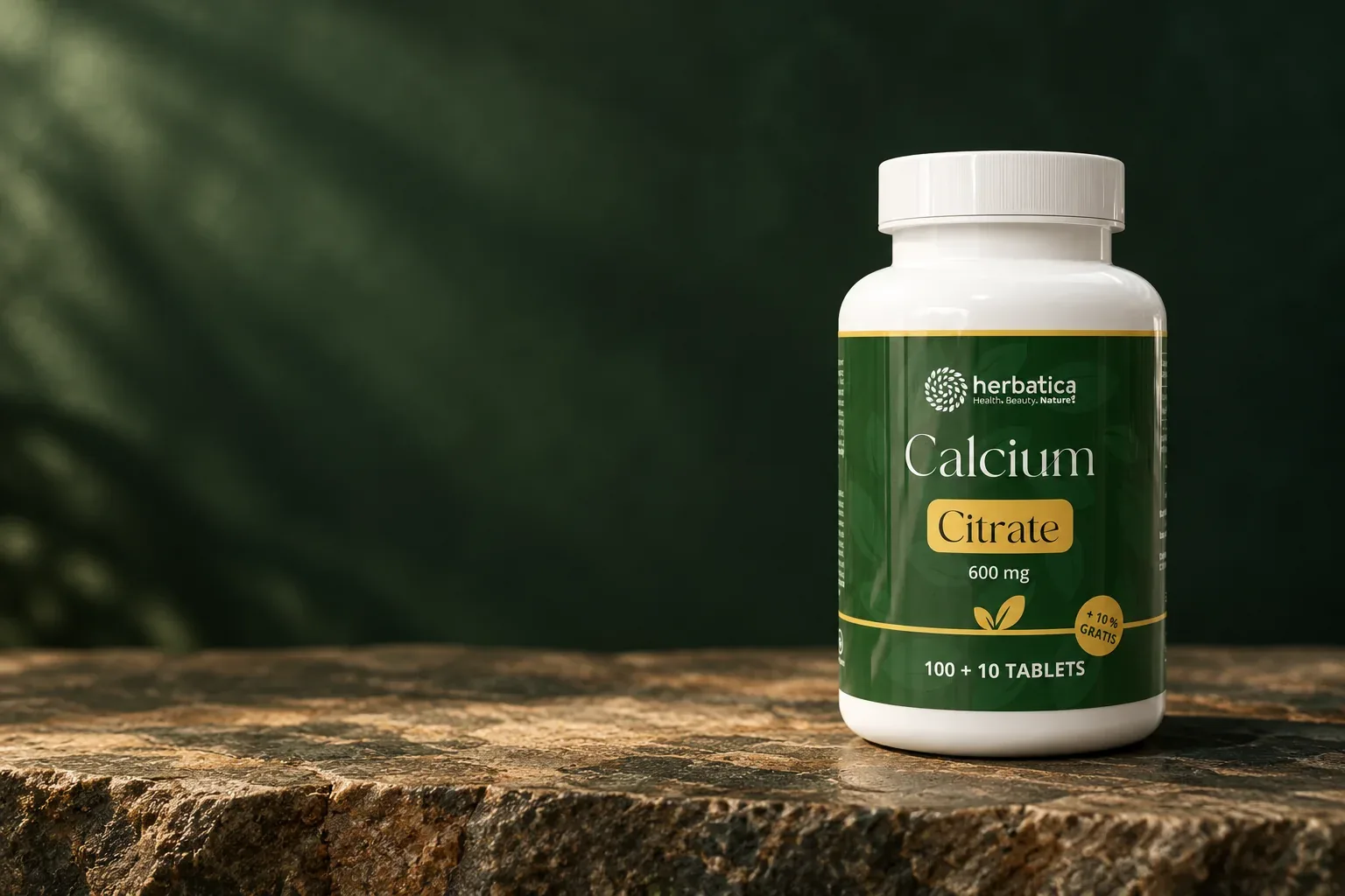 Vápnik Citrát Herbatica v pôvodnom zelenom balení s označením 600 mg a 100 + 10 tabliet