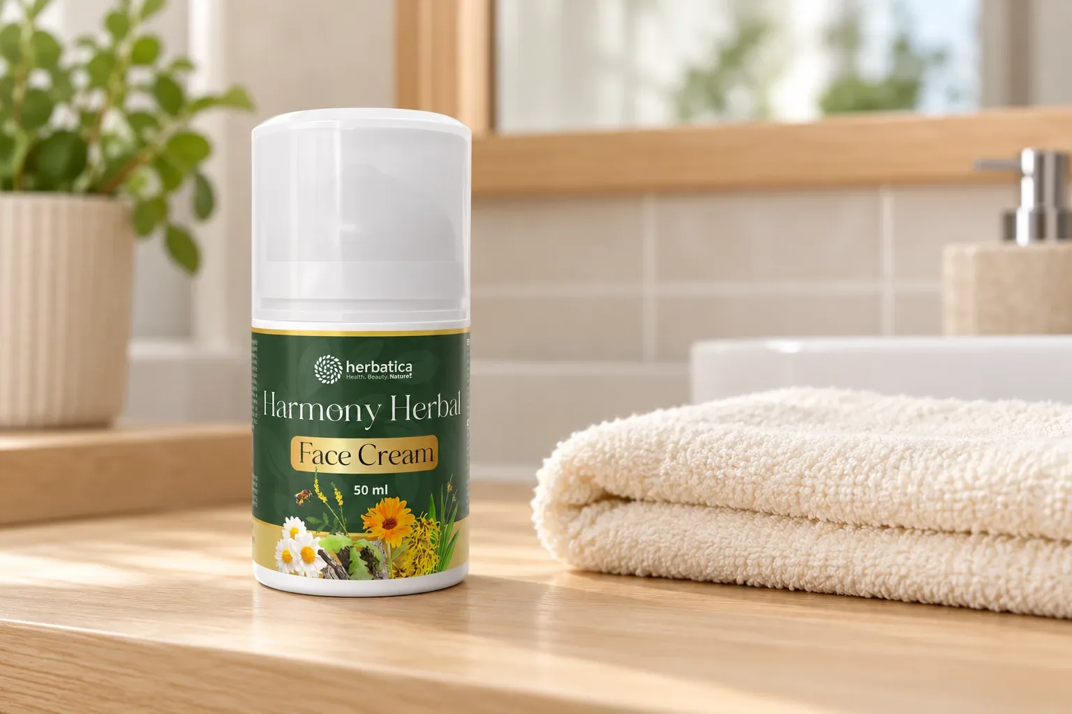 Harmony Herbal Face Cream Herbatica pri čistom uteráku na kúpeľňovej doske