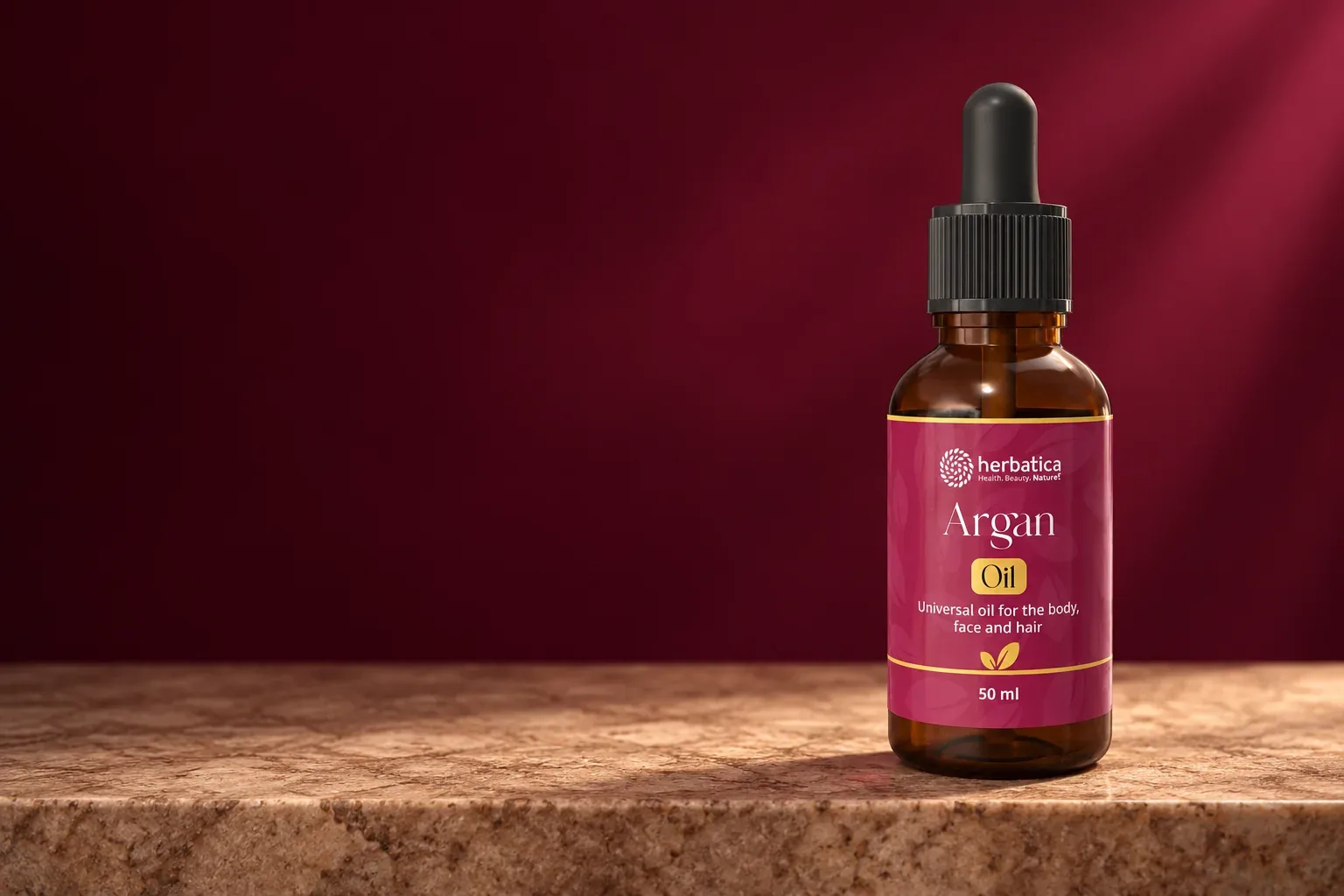 Arganový olej Herbatica vo variante 50 ml s pôvodnou bordovou etiketou a pipetkou