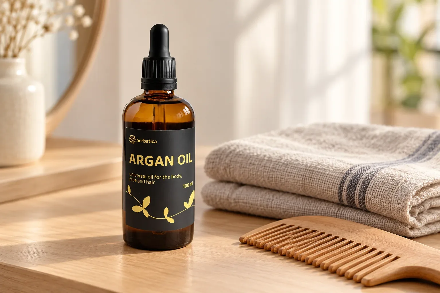 Arganový olej Herbatica vo variante 100 ml s pôvodnou čiernou etiketou pri uteráku a hrebeni