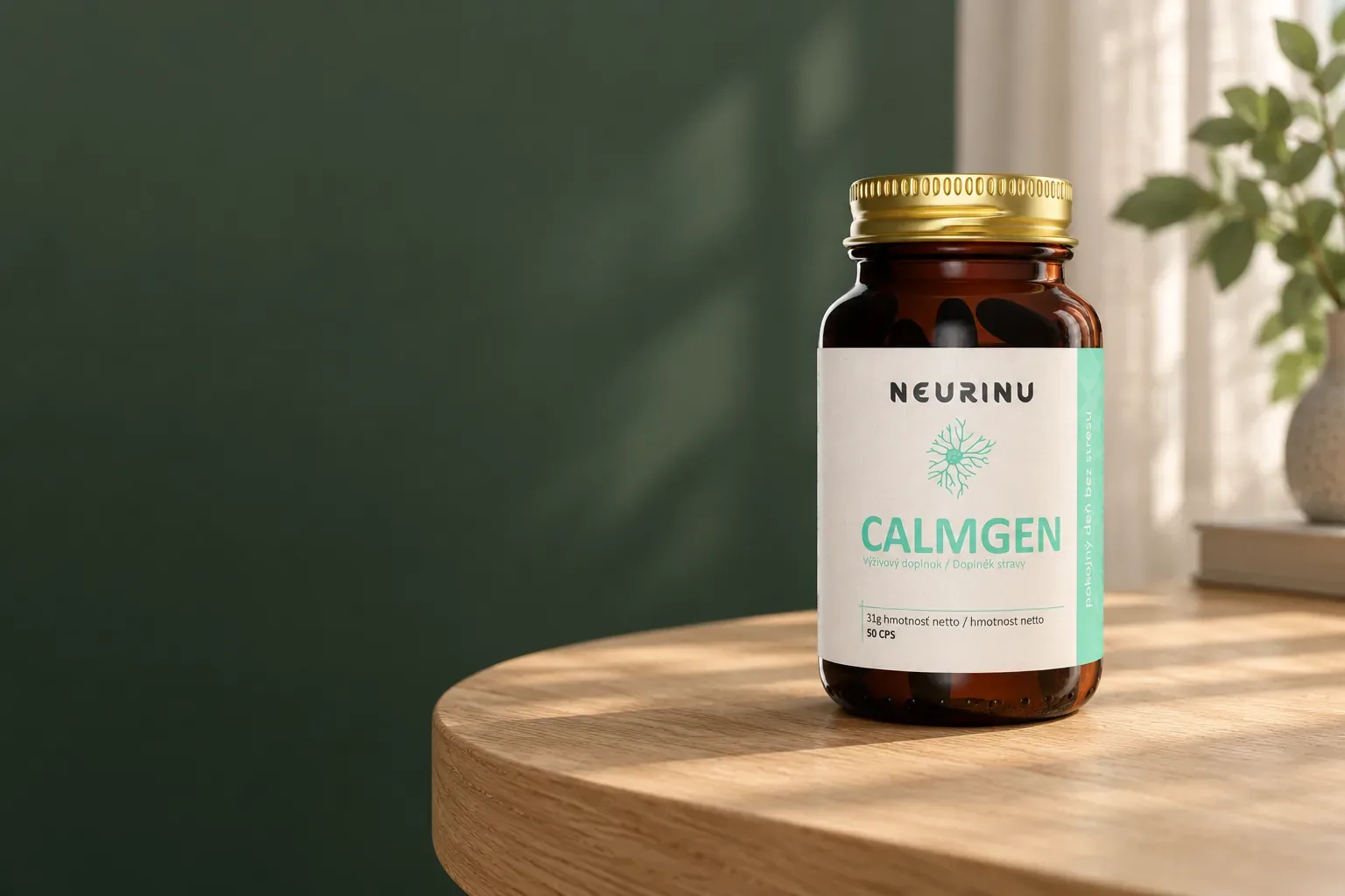 NEURINU Calmgen s bylinnými extraktmi a vitamínmi B v pôvodnom balení na sprievodnej fotografii