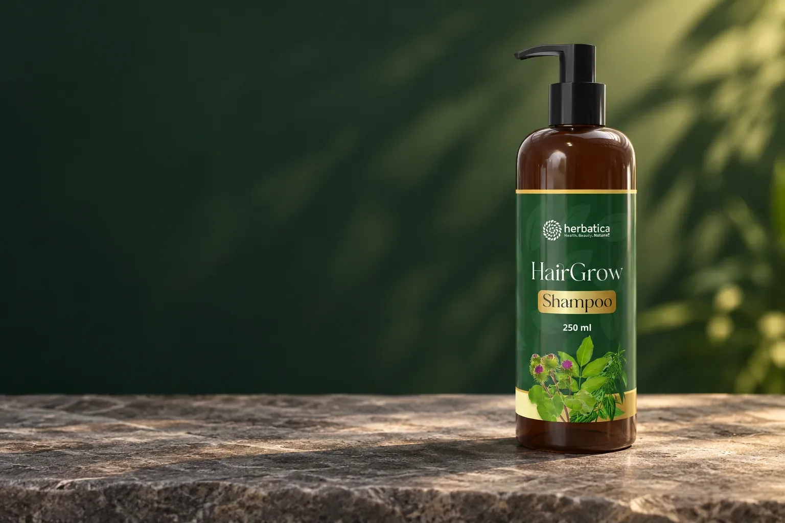 HairGrow Shampoo Herbatica 250 ml s pumpičkou na kamennom podklade