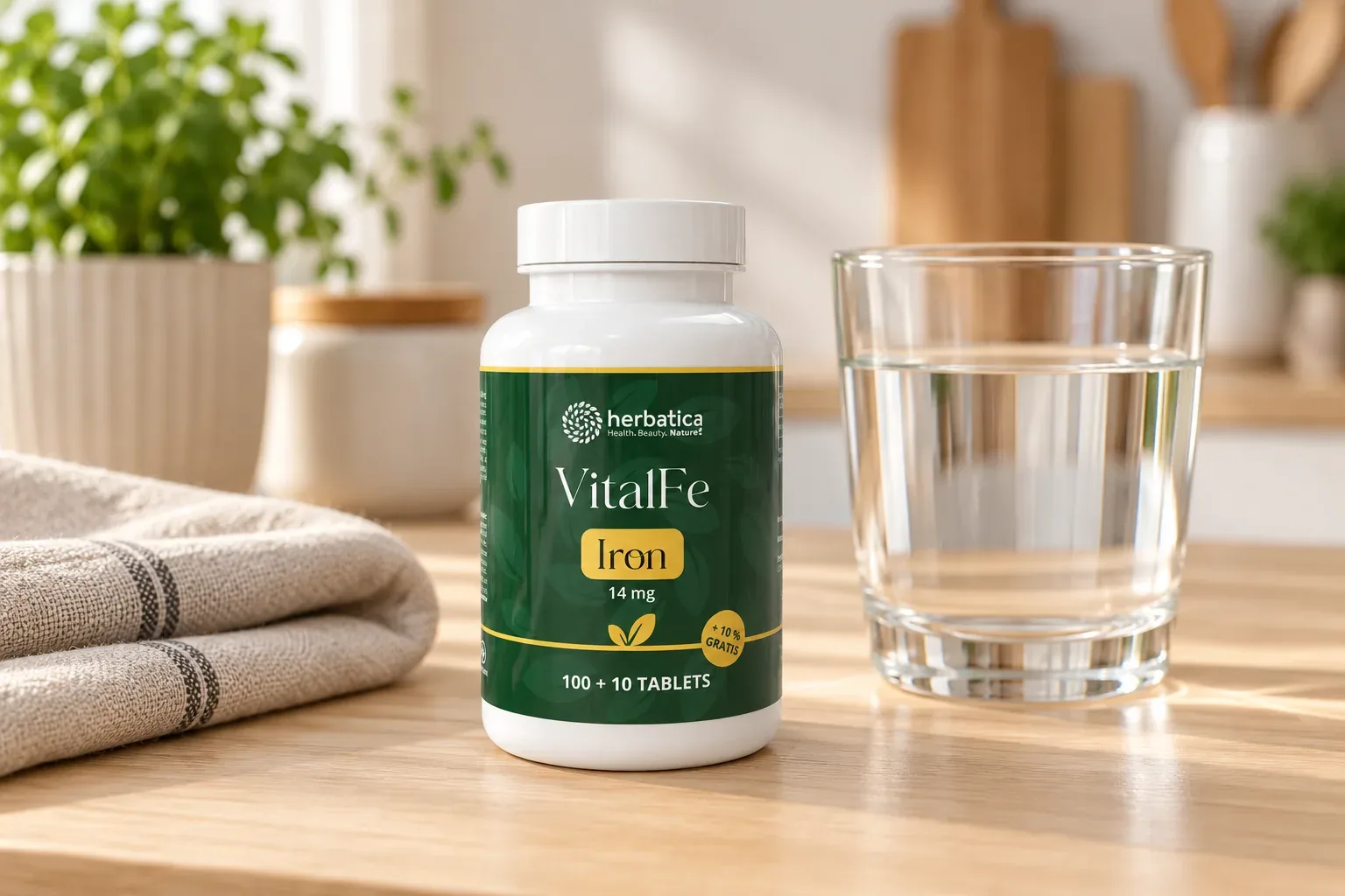 Železo Herbatica VitalFe pri pohári vody v domácej rutine
