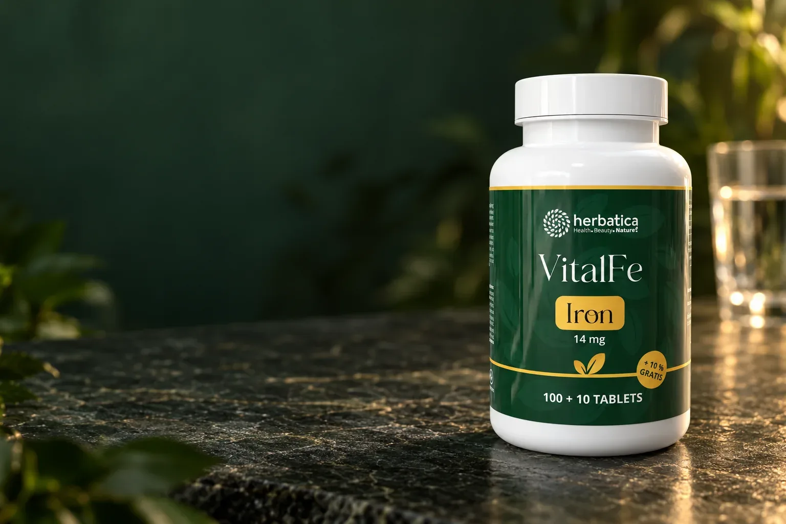 Železo Herbatica VitalFe Iron 14 mg v zelenom balení pri pohári vody
