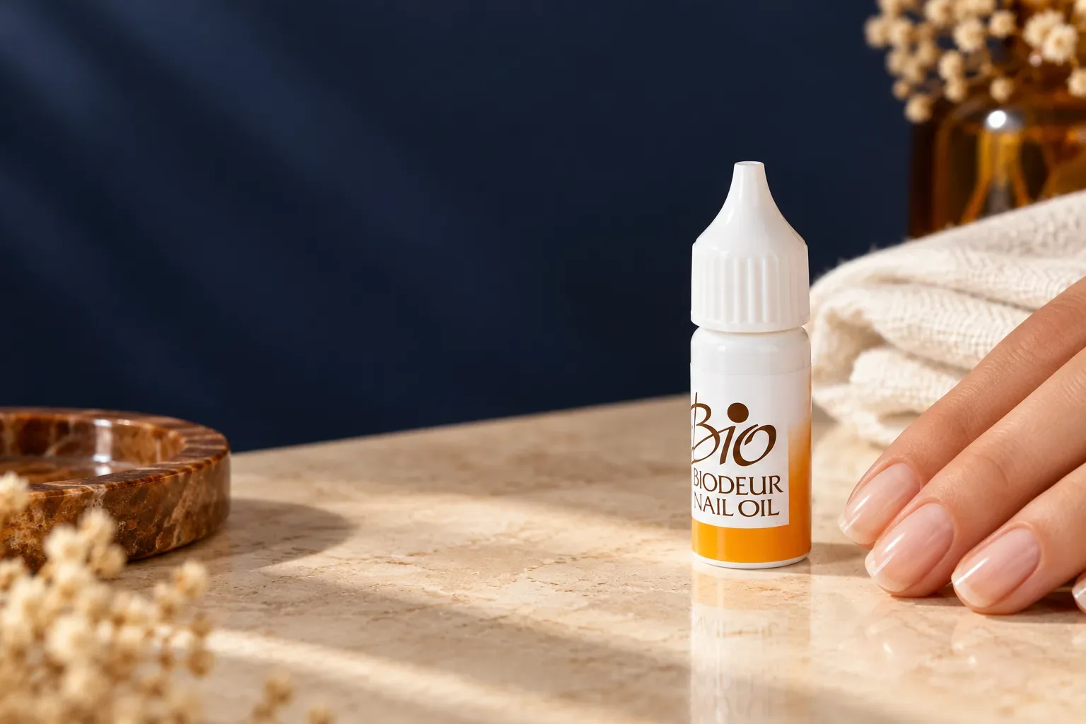 Fľaštička BIO Biodeur Nail Oil pri upravených nechtoch