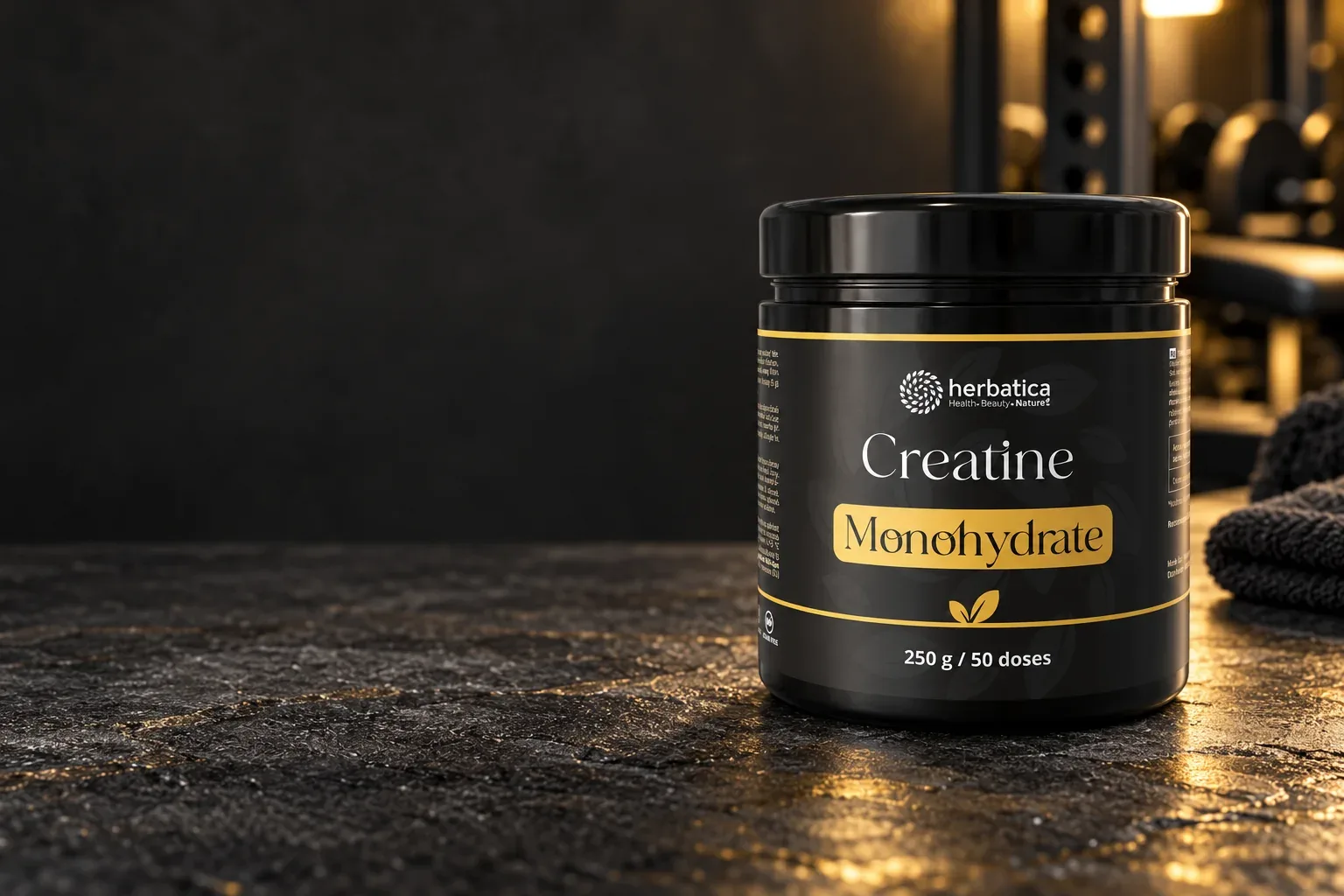 Kreatín monohydrát Herbatica 250 g v čierno-zlatom balení v tréningovom prostredí