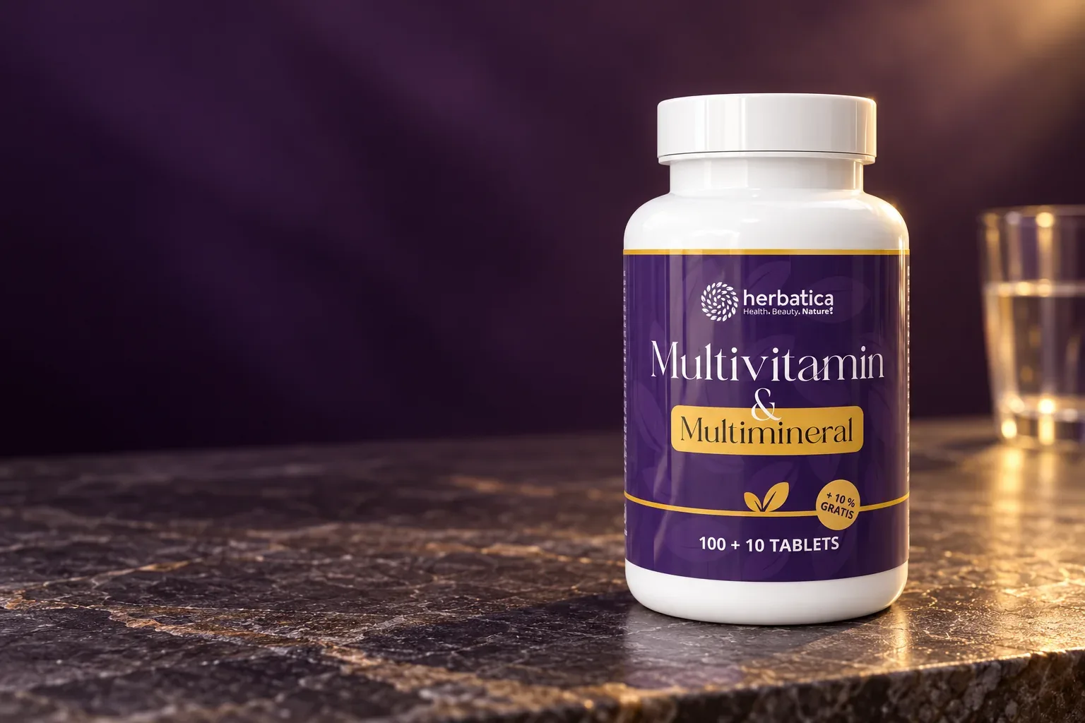 Multivitamín a Multiminerál Herbatica v bielo-fialovom balení pri pohári vody