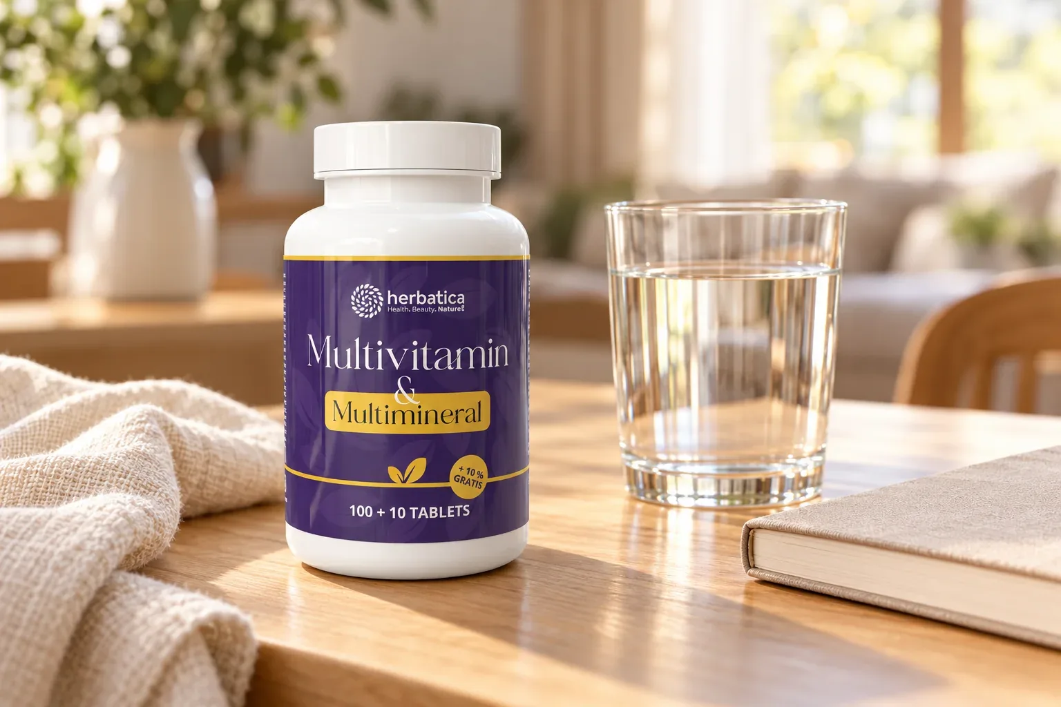 Multivitamín a Multiminerál Herbatica pri vode a zápisníku v domácej rutine