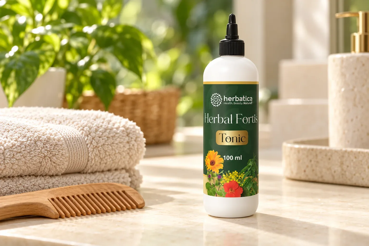 Herbal Fortis Tonic 100 ml s čiernym aplikátorom vedľa uteráka a dreveného hrebeňa