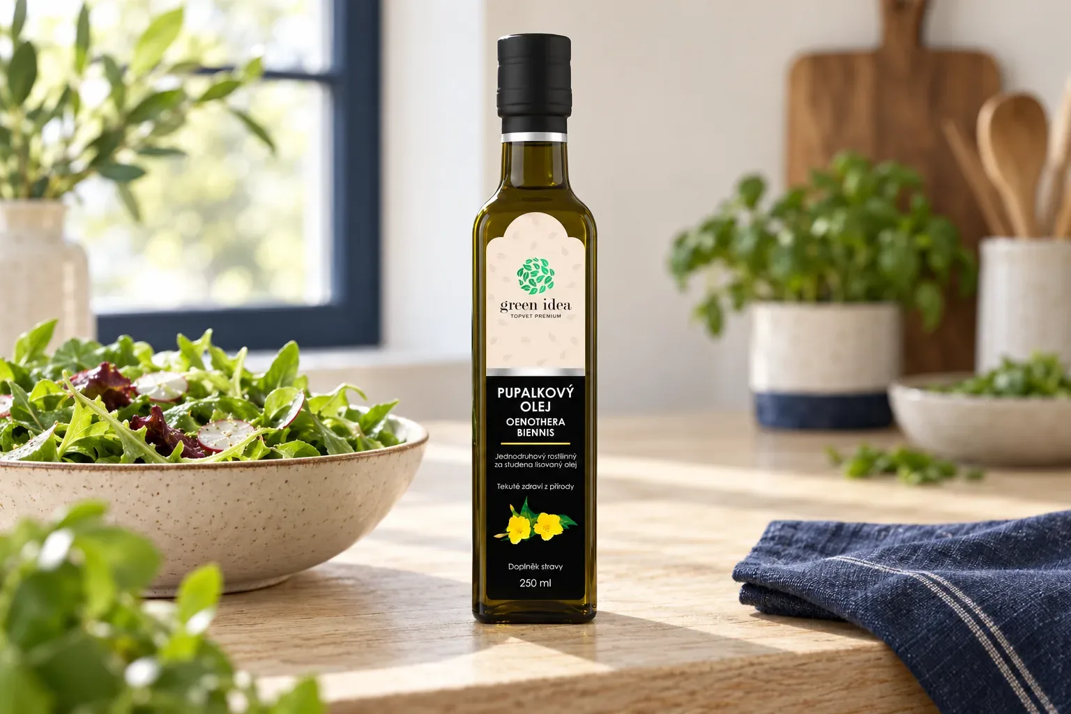 Pupalkový olej Green idea 250 ml pri miske listového šalátu v studenej kuchyni