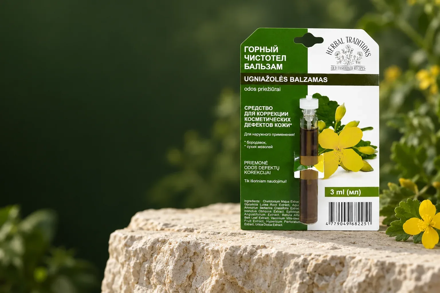 Pôvodné zeleno-biele balenie Herbal Traditions lastovičníkového balzamu s aplikátorom