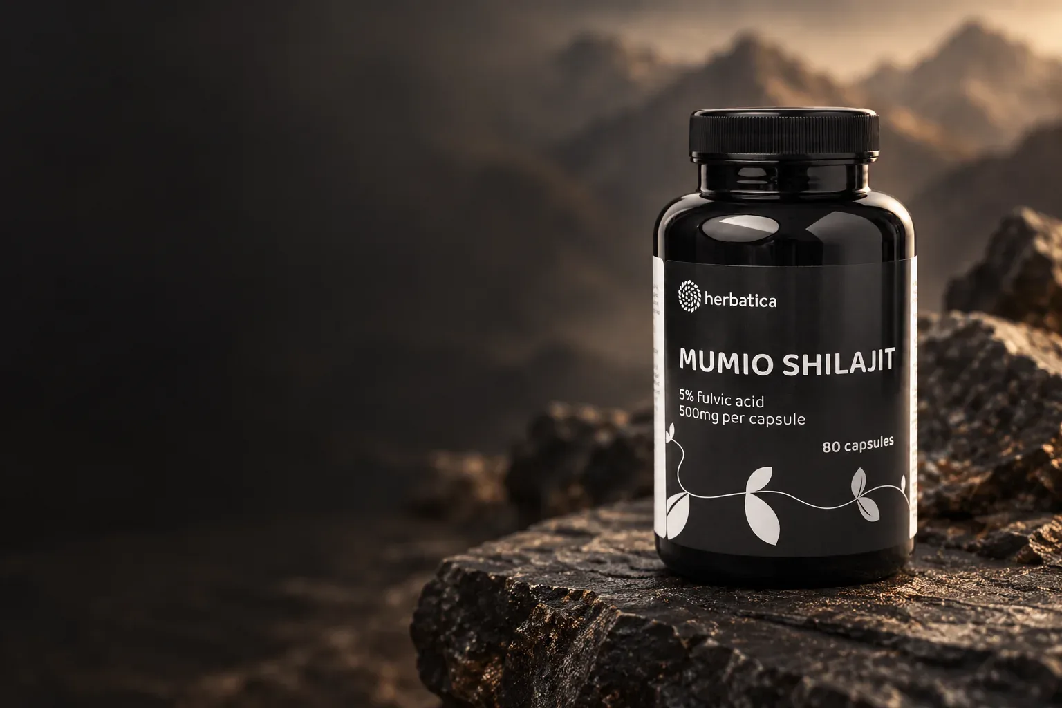 Shilajit Herbatica v pôvodnom čiernom balení na kamennom podklade