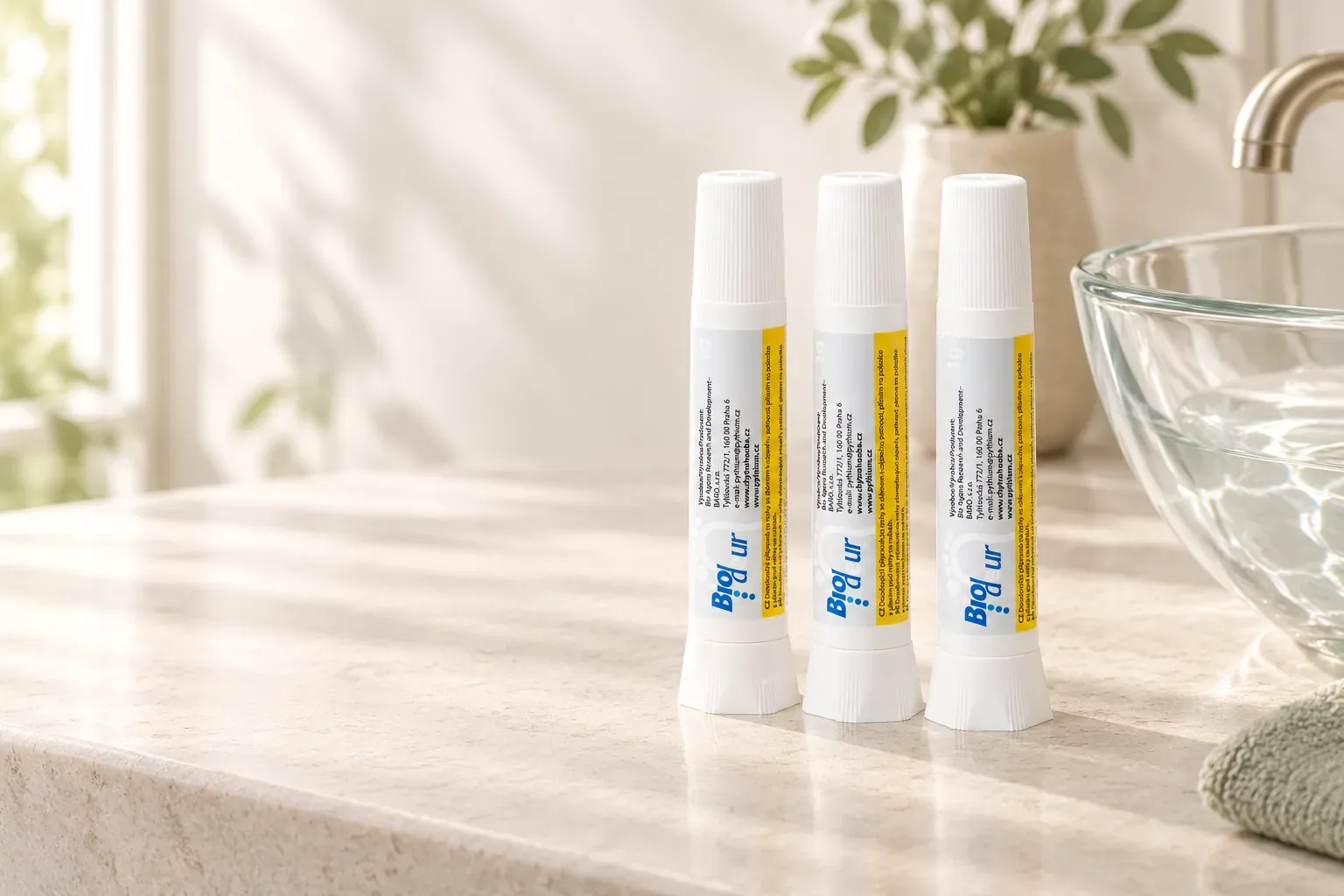 Tri ampulky Biodeur pri miske na prípravu kúpeľa nôh